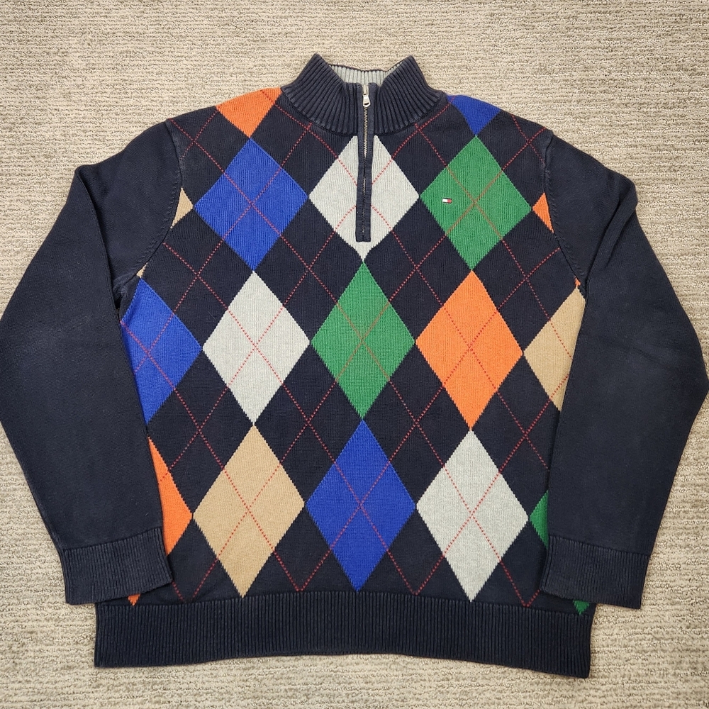 TOMMY HILFIGER Argyle 1/4 Zip Sweater Navy Mens XL Preppy Casual Pullover